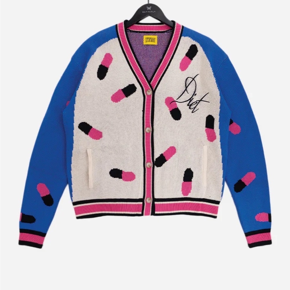 Diet Starts Monday Knit Intarsia Cardigan Cream Pink Blue Pills